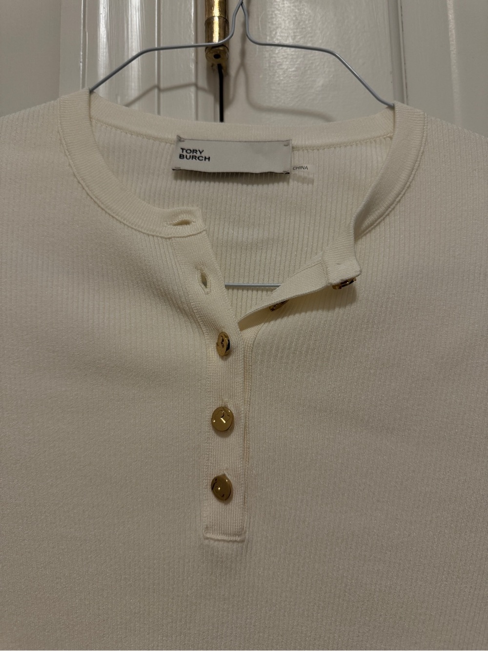 Tory Burch Cream Ribbed Henley Long-Sleeve Top - Picture 3 of 8